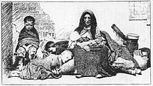 German illustration of a homeless mother and her children in the street, before 1883 Glaspalast Munchen 1883 146.jpg