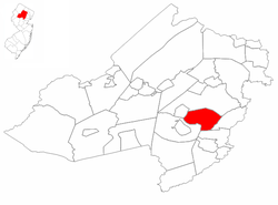 Hanover Township destacado no Condado de Morris. Mapa inserido: Condado de Morris destacado no Estado de Nova Jérsei.