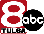 A red rounded rectangle with a white 8. Beneath is a white portion of the rounded rectangle with the word TULSA in black. The ABC network logo, a black disk with the letters a b c, overlaps the rectangle to the right.