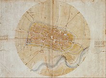 Plan d'une ville, celle-ci à l'intérieur d'un cercle.