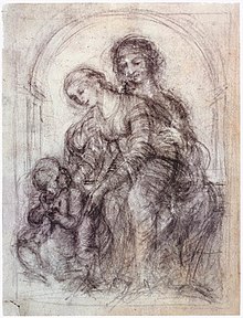 Pencil drawing of a group of two women and a child accompanied by a lamb