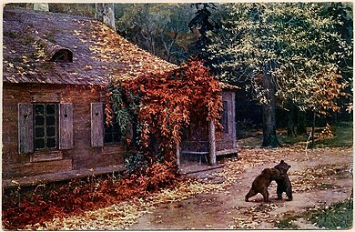 Bears Playing in Front of a House