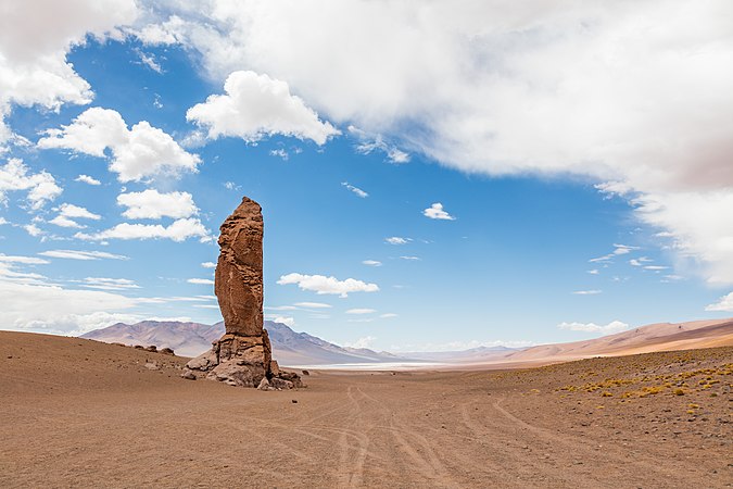 图为一处位于智利盐湖中的一块风蚀柱。