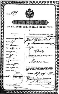 Passport issued in Montenegro in 1887. Prior to the advent of photography, passports had a description of the bearer instead of his or her photograph.