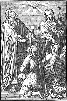 The apostles Peter and John laying hands in ordination. Illustration, 1873. Peter and John laying their hands on the disciples.jpg