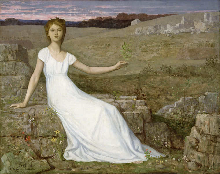 In this painting by Pierre Puvis de Chavannes a woman holds up an oak twig as a symbol of hope for the nation's recovery from war and deprivation after the Franco–Prussian War. 