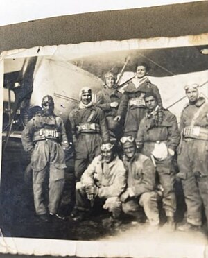 Pompeo D'Ambrosio (the second standing from he left) in 1938 was a pilot of the Italian Air Force who survived WWII due to being discharged; all others in the photo died in combat Piloti1938.jpg