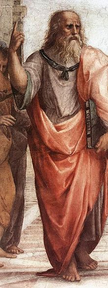 Plato holding his Timaeus, detail from the Vatican fresco The School of Athens Platon.JPG