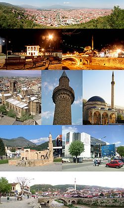 Top row: Prizren Second row: League of Prizren, پریزرن Third row: Our Lady of Ljeviš, پریزرن، Sinan Pasha Mosque Forth row: Namazgâh, Municipality Building Bottom row: Prizrenska Bistrica