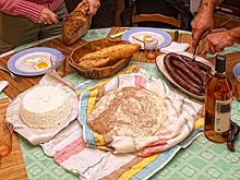A traditional Corsican meal with (from left to right): brocciu
, pulenda
and figatellu Pulenda-1.jpg
