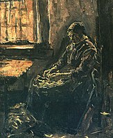 Suze Robertson: c. 1903: 'Vrouw binnenshuis met handwerk' (in Heeze), olieverf op paneel