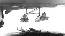 Dual-mount of T30/M10 triple launcher for M8 4.5 in (114 mm) rockets, which were also carried (one-only under each wing) by Republic P-47 Thunderbolts. T30 rocket launcher.jpg