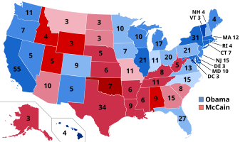 Results by state, shaded according to winning candidate's margin of victory. Obama performed the best in the District of Columbia, while McCain performed the best in Oklahoma. The closest state was Missouri.