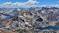View from Dunderberg Peak looking west. Page Peaks is the dark triangle above East Lake. Summit Lake to left, Hoover Lakes lower left, East Lake lower right. Camiaca Peak (reddish) left of center, Gabbro Peak lower right.