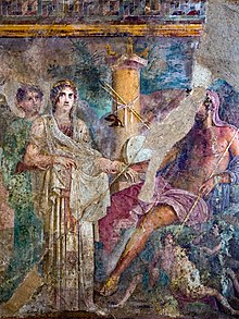 Wedding of Jupiter King of the Gods, and Juno, Queen of Heaven and goddess of marriage, and women. Fresco in Pompeii Wall painting - wedding of Zeus and Hera - Pompeii (VI 8 3) - Napoli MAN 9559 - 01.jpg