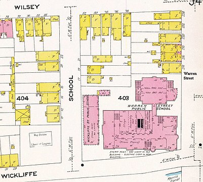 Warren Street School from c. 1908 map, showing floor plan and rooms