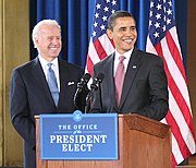 Vice President-elect Joe Biden (left) with President-elect Barack Obama during a press conference held amid the 2008–09 presidential transition of Barack Obama