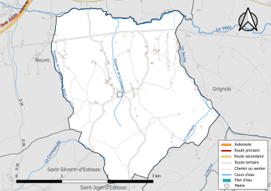 Carte en couleur présentant le réseau hydrographique de la commune