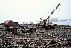 Disposal of waste by simply dumping it at the shoreline, as pictured at the Russian Bellingshausen Station on King George Island in 1992, is no longer permitted by the Protocol on Environmental Protection Antarctica, pollution, environment, Russia, Bellingshausen 1.JPG