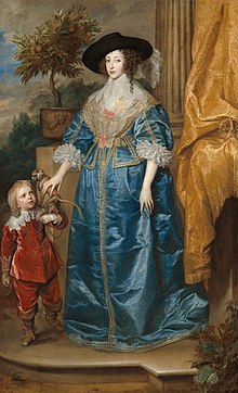 Old painting showing a white woman with very pale skin in a blue gown, high white collar and large black hat facing the viewer. By her right side is a small man dressed in red, with a white lacy collar; on his shoulder is a small monkey on a leash.