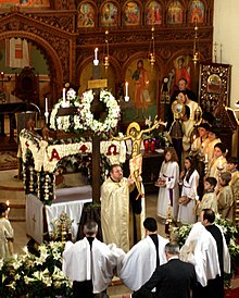 The descent from the cross, commemorated in Vespers of Holy and Great Friday, Greek Orthodox Cathedral in Toronto, Canada Apokathylosis - Annunciation Greek Orthodox Cathedral Toronto (2010).jpg