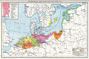 Northern Europe in the 1400s, showing the extent of the Hanseatic League (Hanse or Hansa)