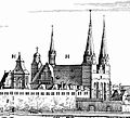 Die ältere Berliner Domkirche auf einem Merian-Stich von 1652, von Nordwesten gesehen