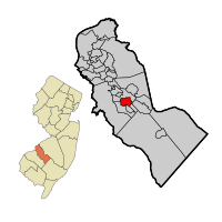 Location of Clementon in Camden County highlighted in red (right). Inset map: Location of Camden County in New Jersey highlighted in orange (left).