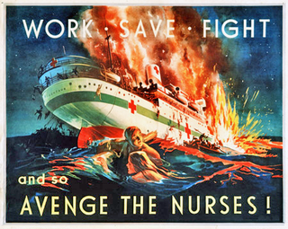Affiche de propagande appelant les Australiens à venger le naufrage du navire-hôpital Centaur coulé par le sous-marin japonais I-177 en mai 1943.
