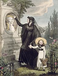Ook kinderen droegen rouw. Voor jonge kinderen was dat vaak witte kleding met zwarte accenten. De moeder draagt volle rouw. (Frankrijk, 1822)