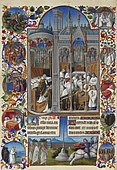 Pagină din Très Riches Heures du Duc de Berry care prezintă înmormântarea lui Raymond Diocrès; 1411-1416 și 1485–1486; tempera pe pergament; înălțime: 29 cm, lățime: 21 cm; Muzeul Condé (Chantilly, Franța)