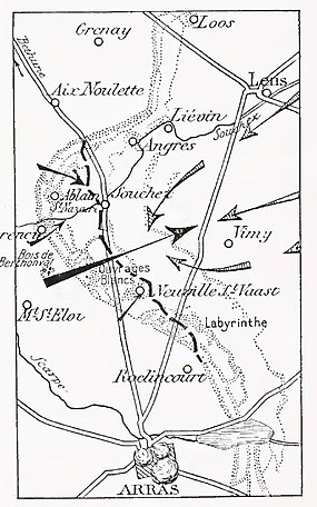Nákres útoku na hřeben u Vimy 9. a 10. května 1915