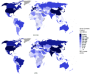 World map of GDP (Nominal and PPP). Figures are from the CIA World Factbook for 2007.