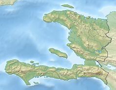 Mapa konturowa Haiti, na dole po lewej znajduje się czarny trójkącik z opisem „Pic Macaya”