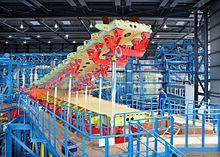Composite photo of a structural loading test on the left wing box IABG Test Setup A380 Dresden bent wing.jpg