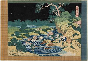 Estampe japonaise en couleur représentant des hommes pêchant de nuit dans une rivière.