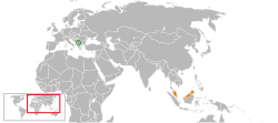 Map indicating locations of Kosova and Malajzia