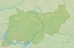 Mapa konturowa obwodu kostromskiego, u góry znajduje się punkt z opisem „źródło”, natomiast na dole znajduje się punkt z opisem „ujście”