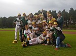 Leksand Lumberjacks firar efter att ha vunnit SM-guld i baseball 2016. Finalen spelades mot Stockholm och Leksand vann med 2-1 i matcher.