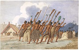 Le Haka, danse de guerre Māori, gravure du XIXème siècle