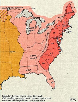 1763 Proclamation Line of 1763 by George III to limit colonial western settlement. The Province of Quebec lies north of the Ohio River, west of Lake Erie and the west boundary of Pennsylvania. The Indian Reserve lies west of modern Roanoke Virginia, generally following the Eastern Continental Divide.