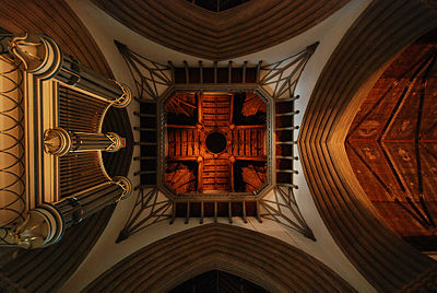 The interior of the college chapel of Merton College. The chapel replaced an earlier church on the site, with construction beginning in about 1290 and continuing into the 15th century.