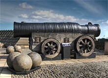 The siege gun Mons Meg, described in a 17th-century document as "the great iron murderer called Muckle-Meg" (muckle being Scots for 'big') Mons Meg, Medieval Bombard, Edinburgh, Scotland. Pic 01.jpg