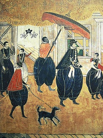Japanese painting depicting a group of Portugu...