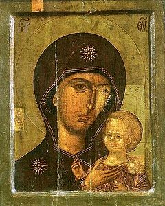 Cristiandad oriental (ortodoxa): Theotokos Petrovskaya,[9]​ considerada el primer icono milagroso de Moscú, fue pintada por Pedro, higúmeno del monasterio de la Transfiguración (Volinia), a comienzos del siglo XIV.