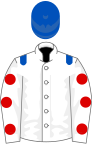 White, royal blue epaulets, white sleeves, red spots, royal blue cap