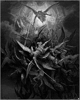 Mikhael mengusir para malaikat pemberontak. Ilustrasi oleh Gustave Doré untuk Paradise Lost (1866) karya John Milton