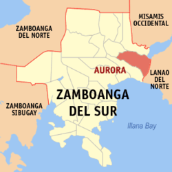 Mapa ng Zamboanga del Sur na nagpapakita sa lokasyon ng Aurora.