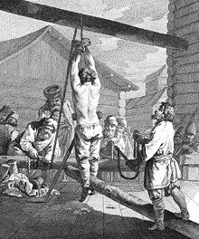 Punishment with a knout. Whipping was a common punishment for Russian serfs. Supplice du Grand Knout.jpg