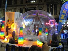Sydney's pride parade, Sydney Gay & Lesbian Mardi Gras, is one of the world's largest and is held at night Sydney Mardi Gras 2006.jpg